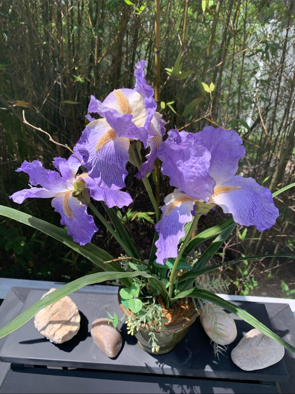 Purple  Iris Arrangement Artificial  Wild Flowers Botanical Gardens 20” X  20”.